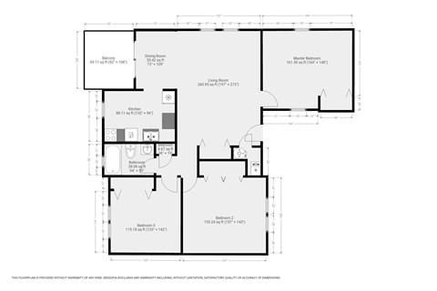 Floor plan for 3 beds, 1 bath, 1073 sqft